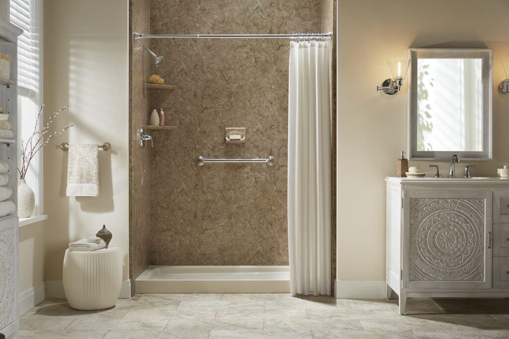 Bathroom renovation with a walk in shower shower, mirror, and cabinets