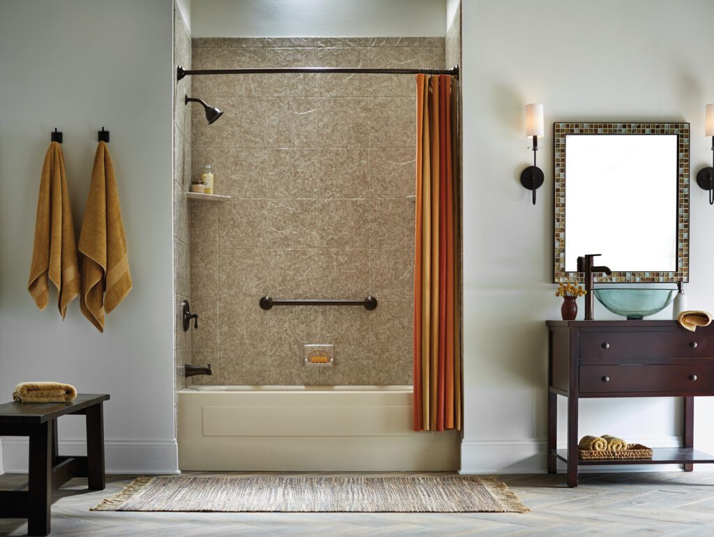 tan tile in a shower-to-tub-conversion in Northern Alabama