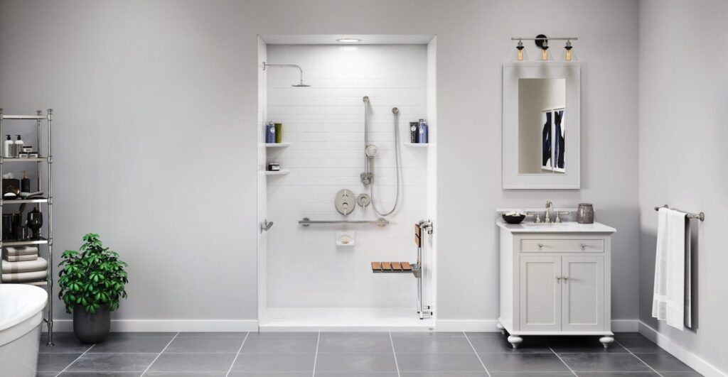 Modern bathroom with safety features such as a barrier-free shower, grab bar, and shower seat
