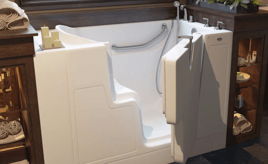 A pristine white walk-in tub. 