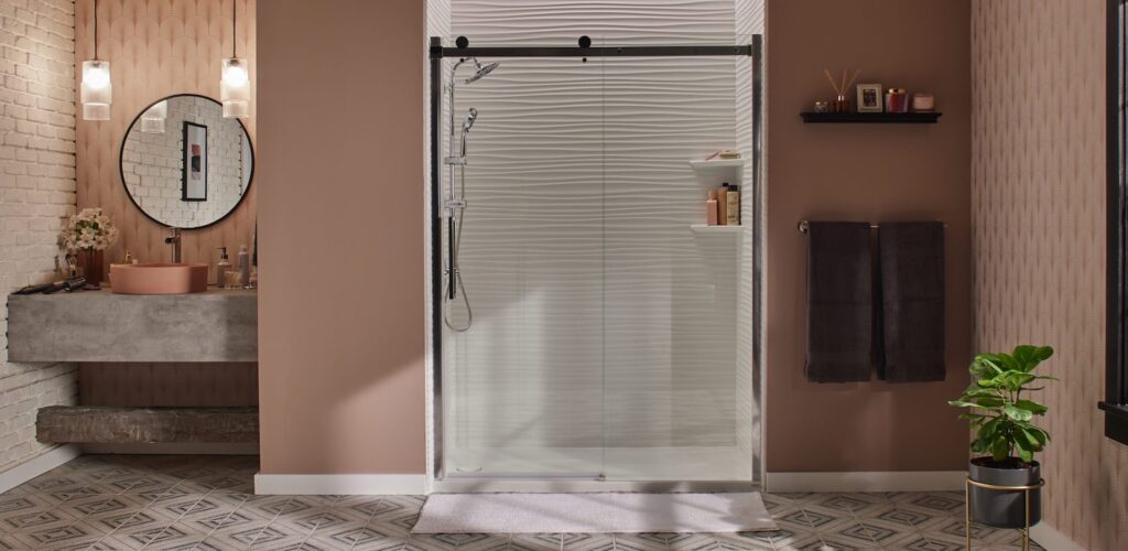 Walk-in shower with glass enclosure